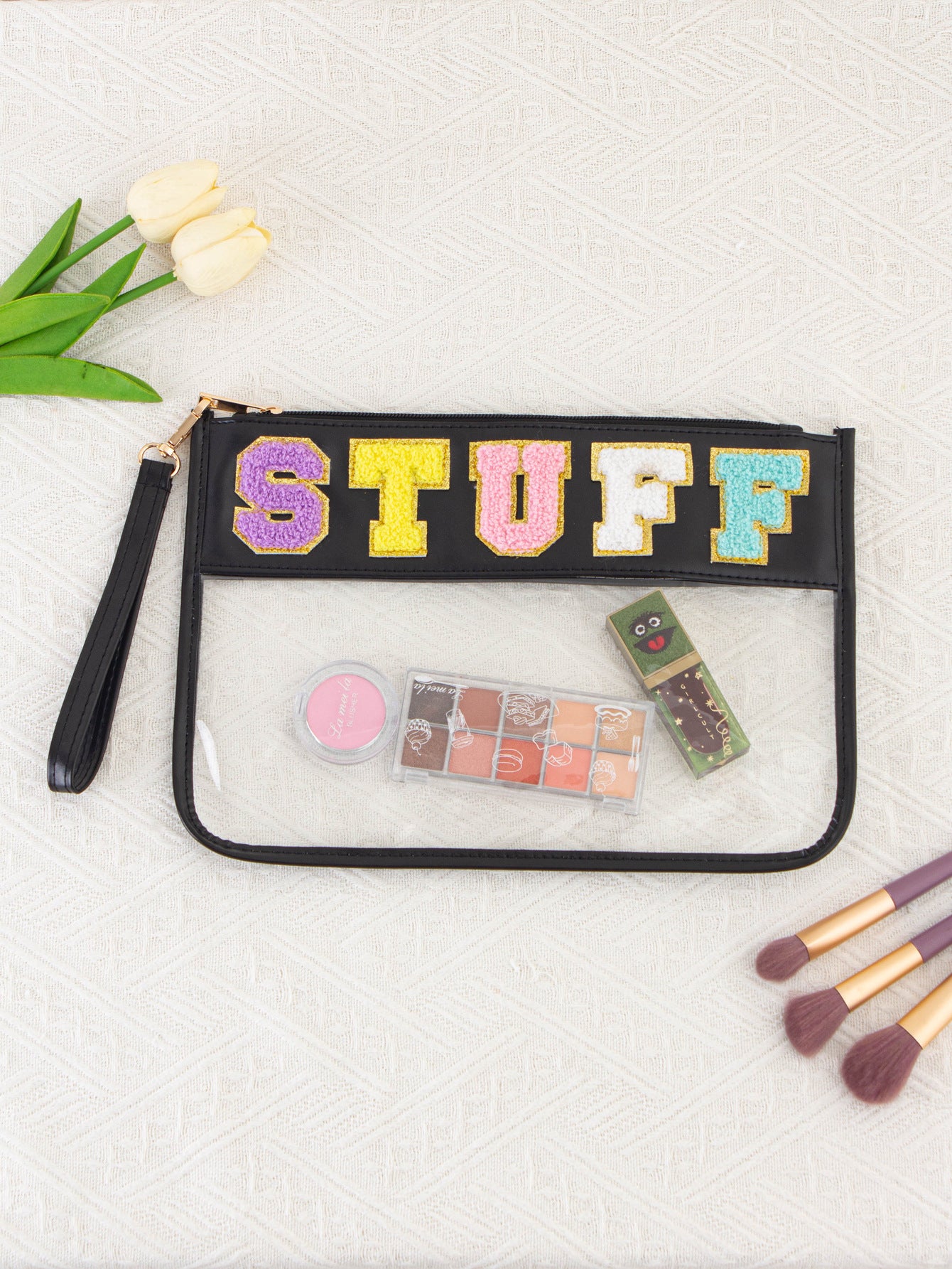 Snack Storage Bag Transparent Pvc Zipper Embroidery Lettered Make-up Bag