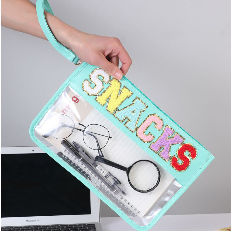 Snack Storage Bag Transparent Pvc Zipper Embroidery Lettered Make-up Bag