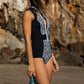 New European and American style swimsuit black and white retro print zipper one-piece bikini
