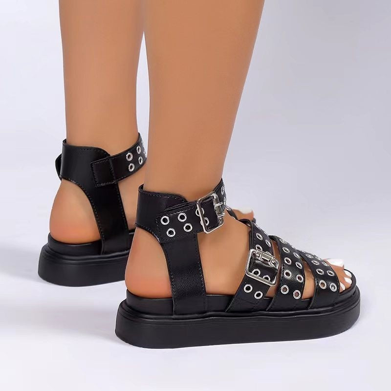 Damen-Sandalen mit offener Spitze und dicker Sohle, Outdoor-Nietenknopf