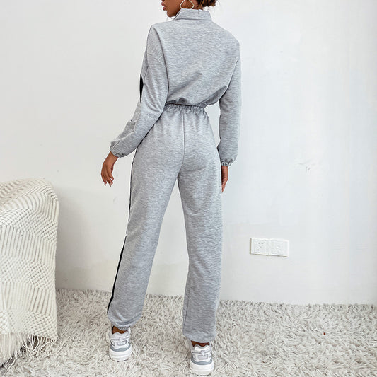 Women's Sports Stand Collar Suit Contrast Color Sweatshirt Two-piece Set
