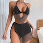 Set di tre pezzi per donna con reggiseno a triangolo con cristalli colorati e cinturino per la biancheria intima