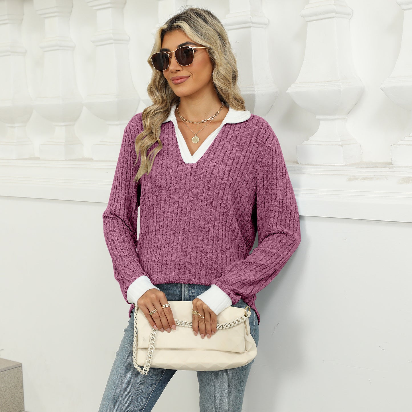 Maglietta a maniche lunghe con risvolto e vestibilità ampia da donna