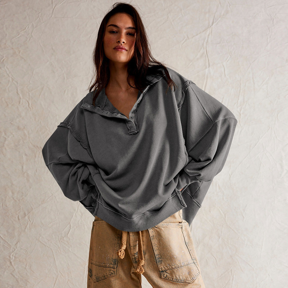 Fashion Button Lapel Sweatshirt With Slit Design Casual Sports Lantern Sleeve Pullover
