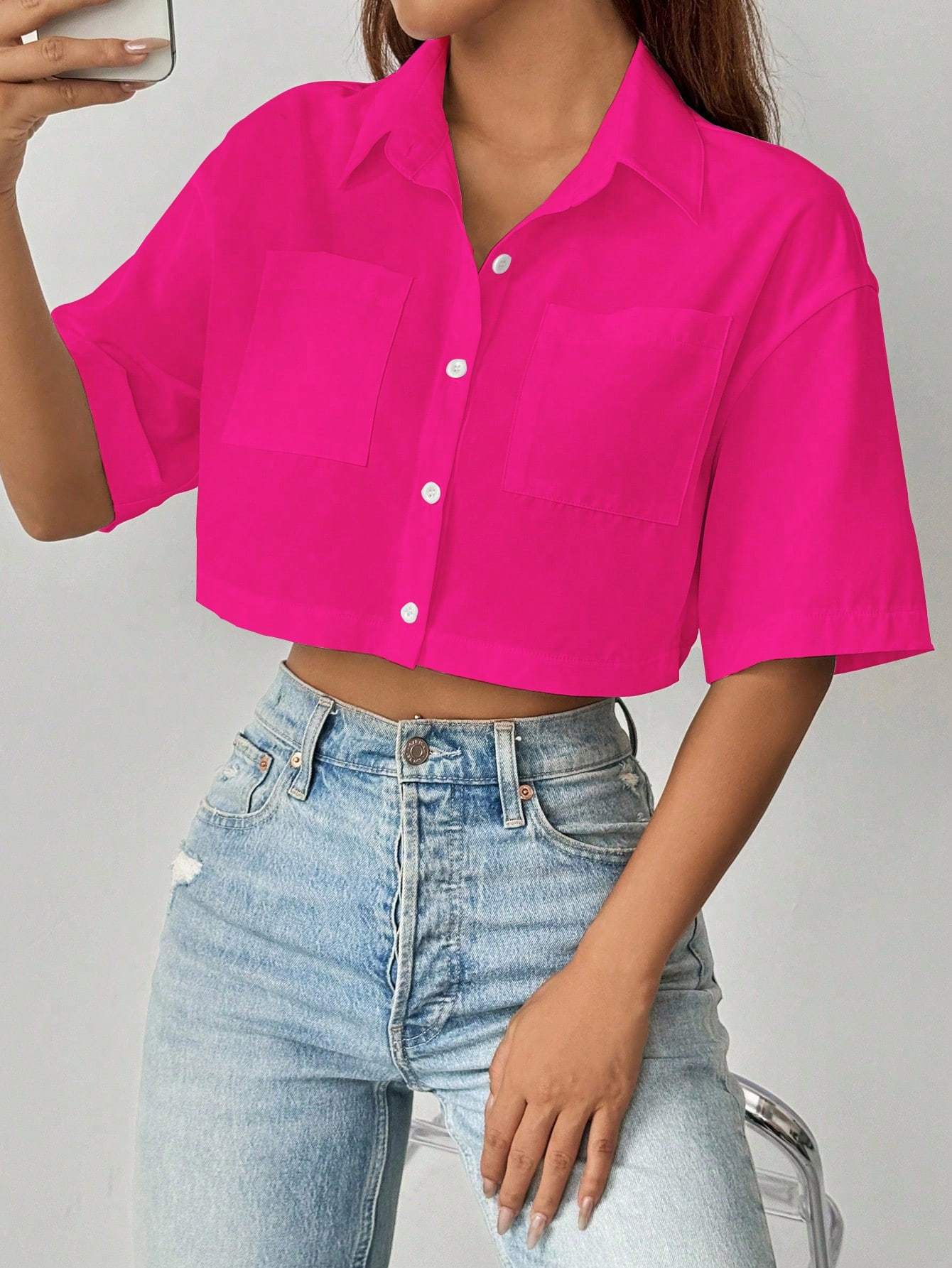 Shoulder Pocket Patched Crop Shirt Short Sleeve Tops
