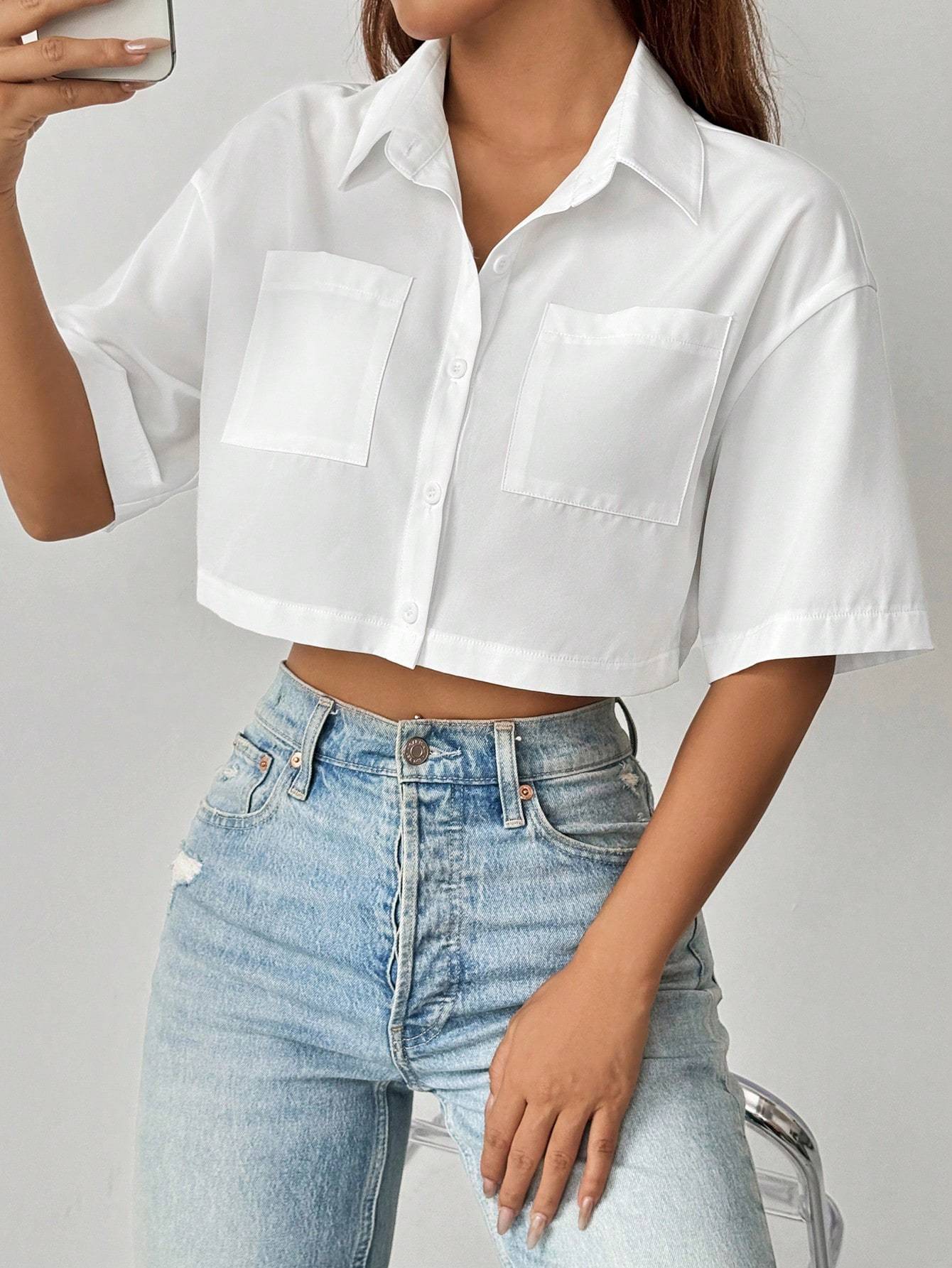 Shoulder Pocket Patched Crop Shirt Short Sleeve Tops