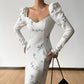 New Temperament Gentle Print Square Neck High Waist Split Dress Women