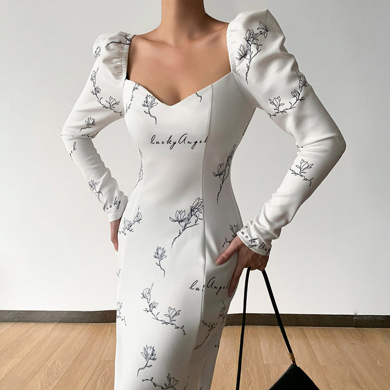 New Temperament Gentle Print Square Neck High Waist Split Dress Women