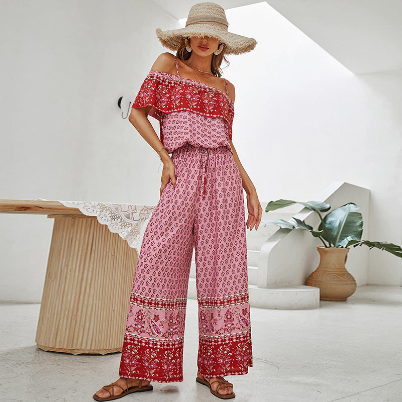 Lässiger, langer Jumpsuit für Damen mit rotem Printpanel