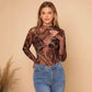 Women Paisley Printed Stand Collar Mesh Long Sleeve T-shirt