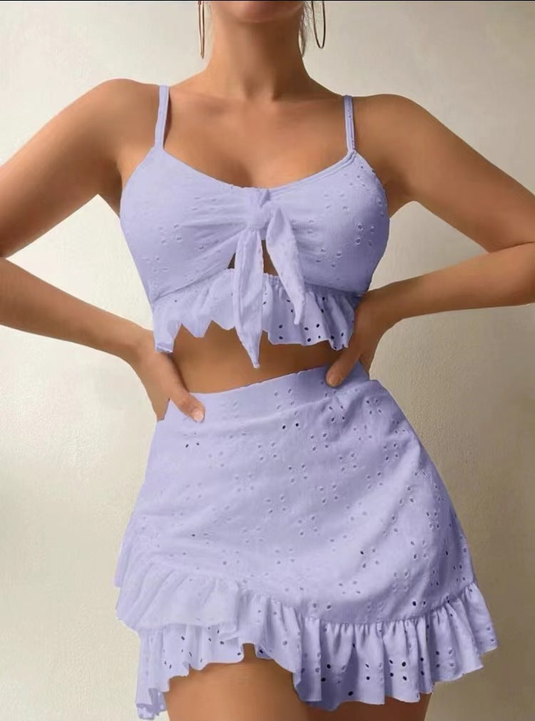 3-teiliger Strandbikini mit hüftbetontem Rock, modisches Rüschendesign, Badeanzug-Set, Sommer-Damenbekleidung