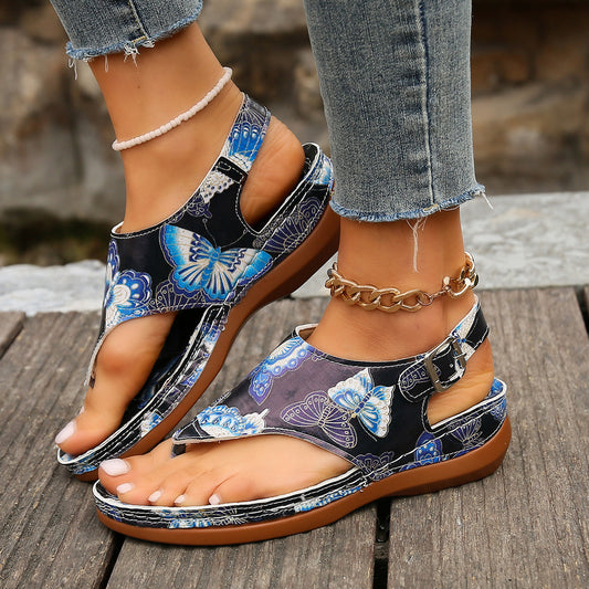 Sandali con zeppa e fibbia sul retro con fiori, casual, da donna