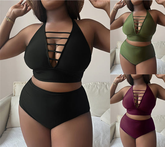 Plump Girls Plus Size Einfarbig Hohl Kreuz Schultergurt Verstellbar Neckholder Bikini