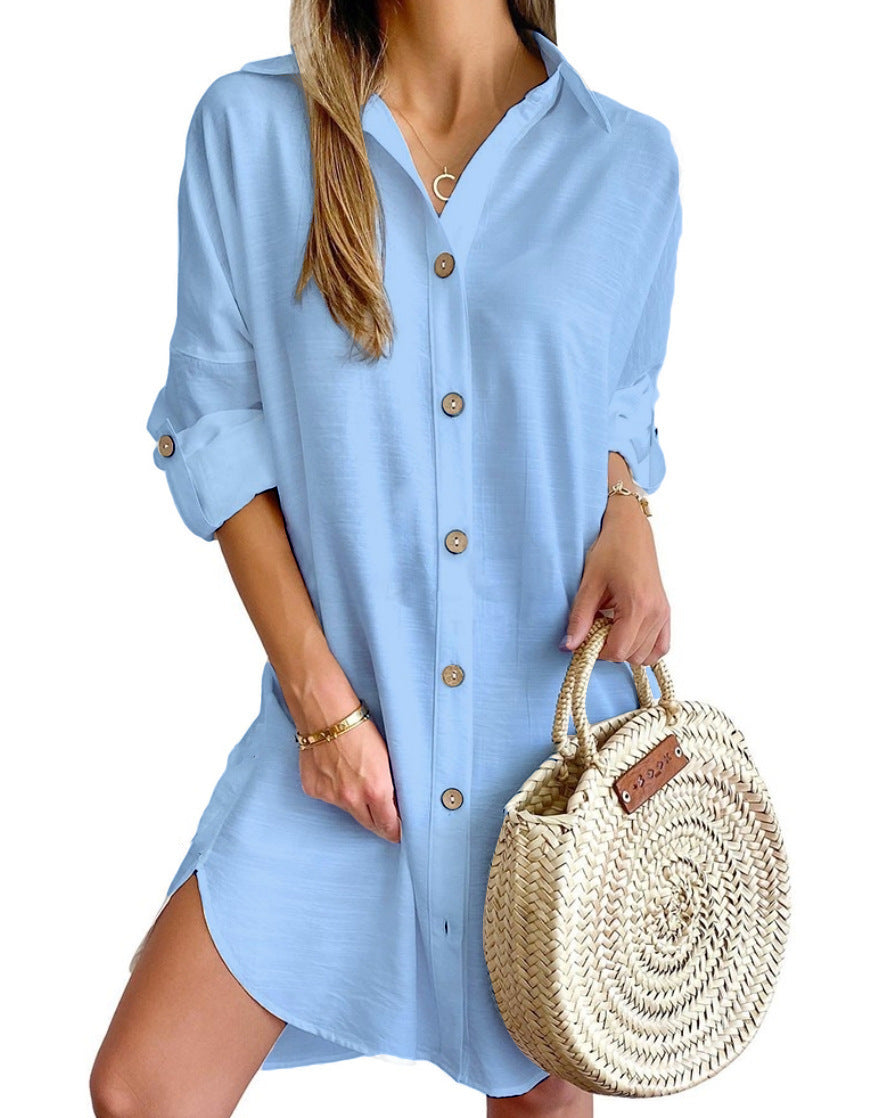 Abito camicia a maniche lunghe con risvolto e bottoni, per il tempo libero autunnale, abbigliamento da donna
