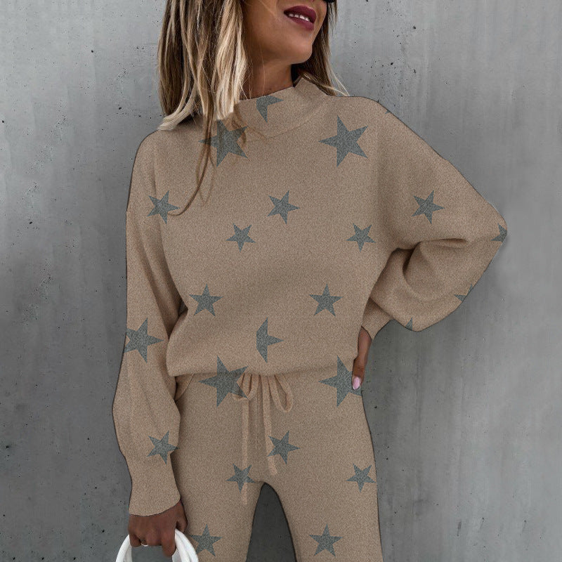 Completo casual alla moda da donna con collo alto e stampa tie-dye e maniche lunghe