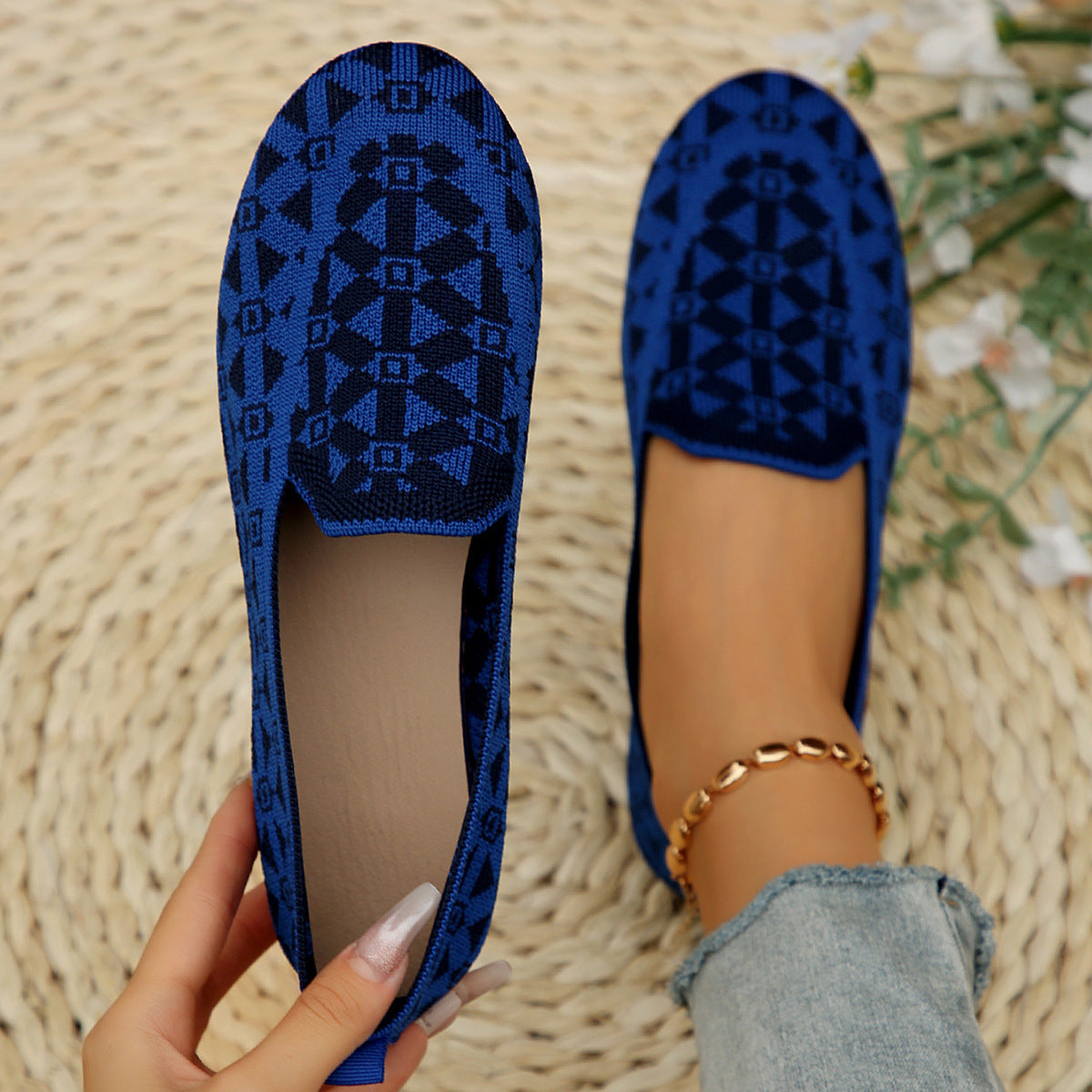 Scarpe basse con punta rotonda stampata, scarpe casual alla moda, traspiranti, in maglia, mocassini per donna