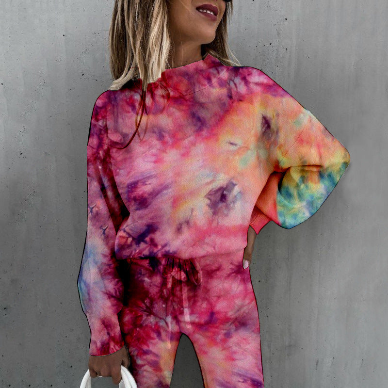 Completo casual alla moda da donna con collo alto e stampa tie-dye e maniche lunghe