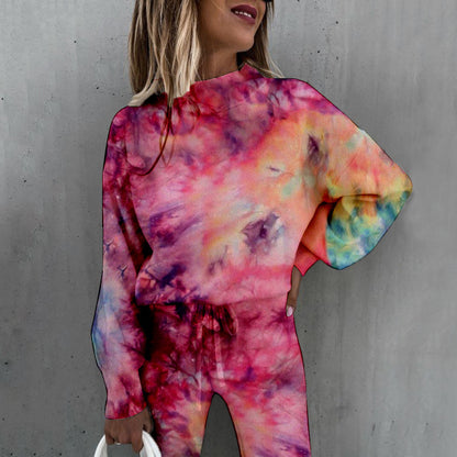 Completo casual alla moda da donna con collo alto e stampa tie-dye e maniche lunghe