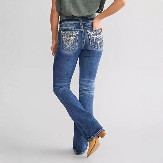 Damen Stickerei Denim Bootcut Hose Mode