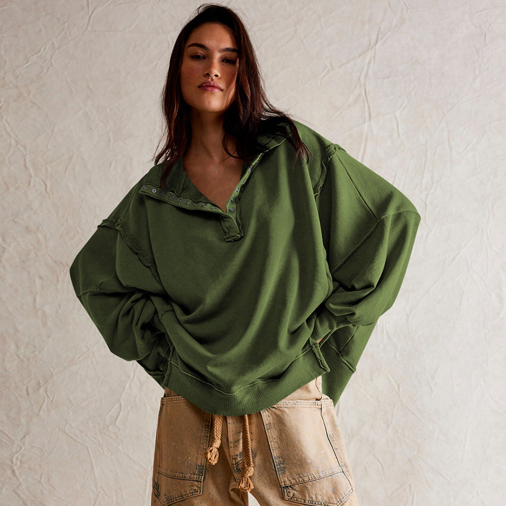 Fashion Button Lapel Sweatshirt With Slit Design Casual Sports Lantern Sleeve Pullover