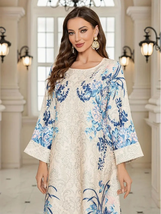 Elegantes langärmliges Abaya-Kleid mit Blumendruck