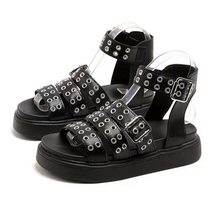 Damen-Sandalen mit offener Spitze und dicker Sohle, Outdoor-Nietenknopf