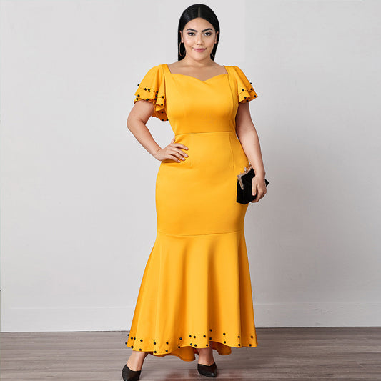 V-neck Short Sleeve Stitching High Waist Plus Size Ruffle Dress Women