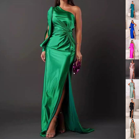 Women's One-shoulder Split Dress Ins Fashion Long-sleeved