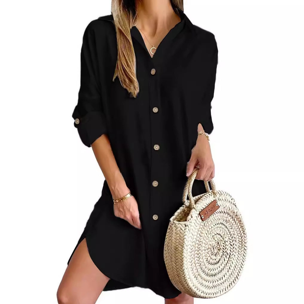 Abito camicia a maniche lunghe con risvolto e bottoni, per il tempo libero autunnale, abbigliamento da donna