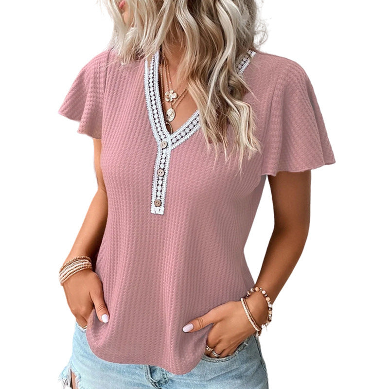 T-shirt a maniche corte con scollo a V e motivo waffle