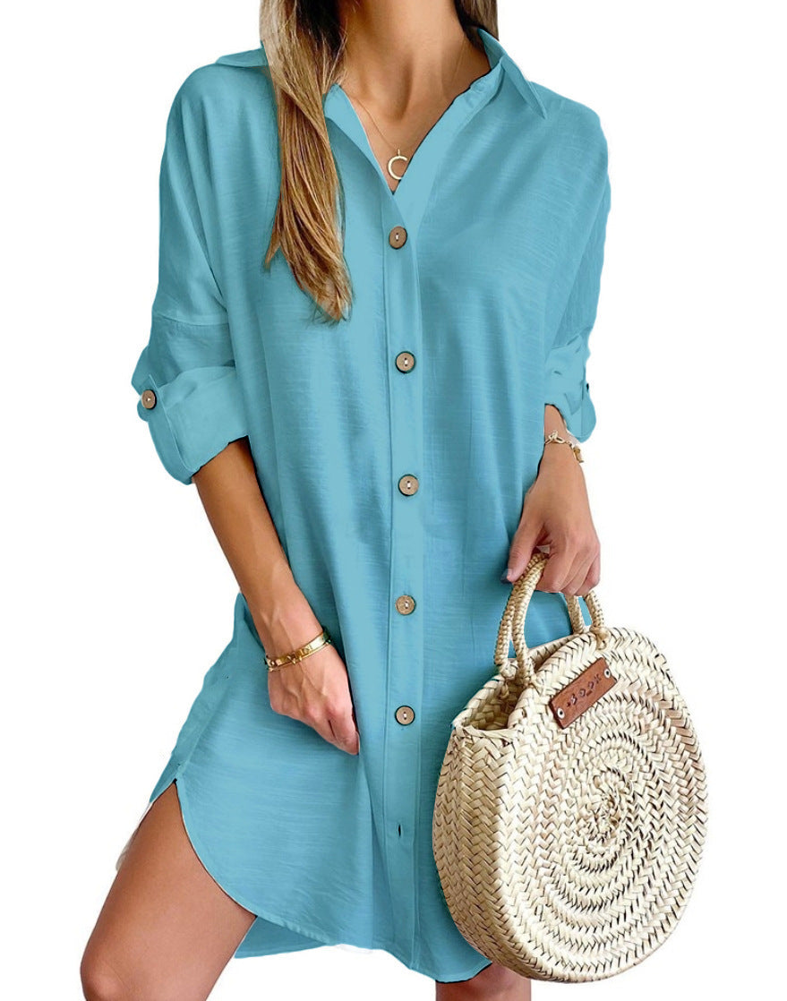 Abito camicia a maniche lunghe con risvolto e bottoni, per il tempo libero autunnale, abbigliamento da donna