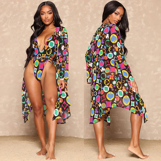 Costume da bagno da donna con stampa a rete e scollo a V, due pezzi, scialle da donna
