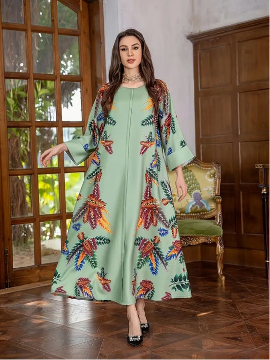 Elegantes langärmliges Abaya-Kleid mit Blumendruck