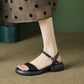 Cowhide Sandals Round Toe Thick Mid Heel Open Toe Women's Sandals