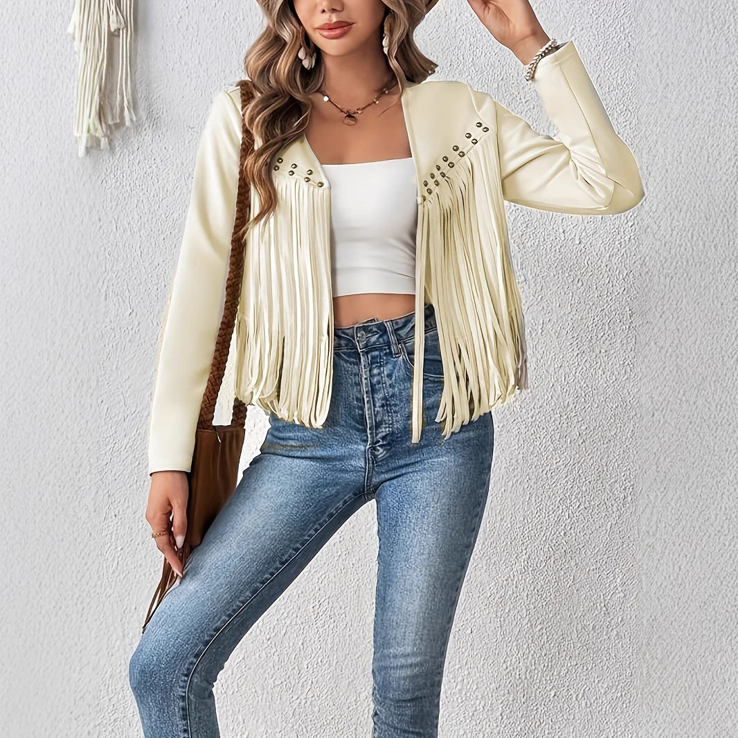 Elegante, einfarbige Damenjacke mit Quastenbesatz vorne offen