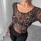 Transparent Leopard Mesh Round Neck Long Sleeved Fitted T-shirt