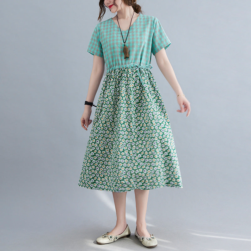 Literatur und Kunst, lockeres Patchwork-Kleid aus Baumwolle und Leinen mit Aufdruck, kurzärmelig für Damen