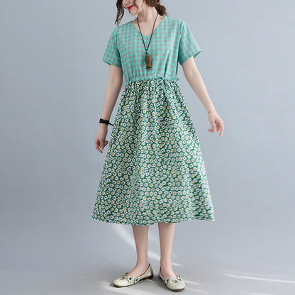 Literatur und Kunst, lockeres Patchwork-Kleid aus Baumwolle und Leinen mit Aufdruck, kurzärmelig für Damen