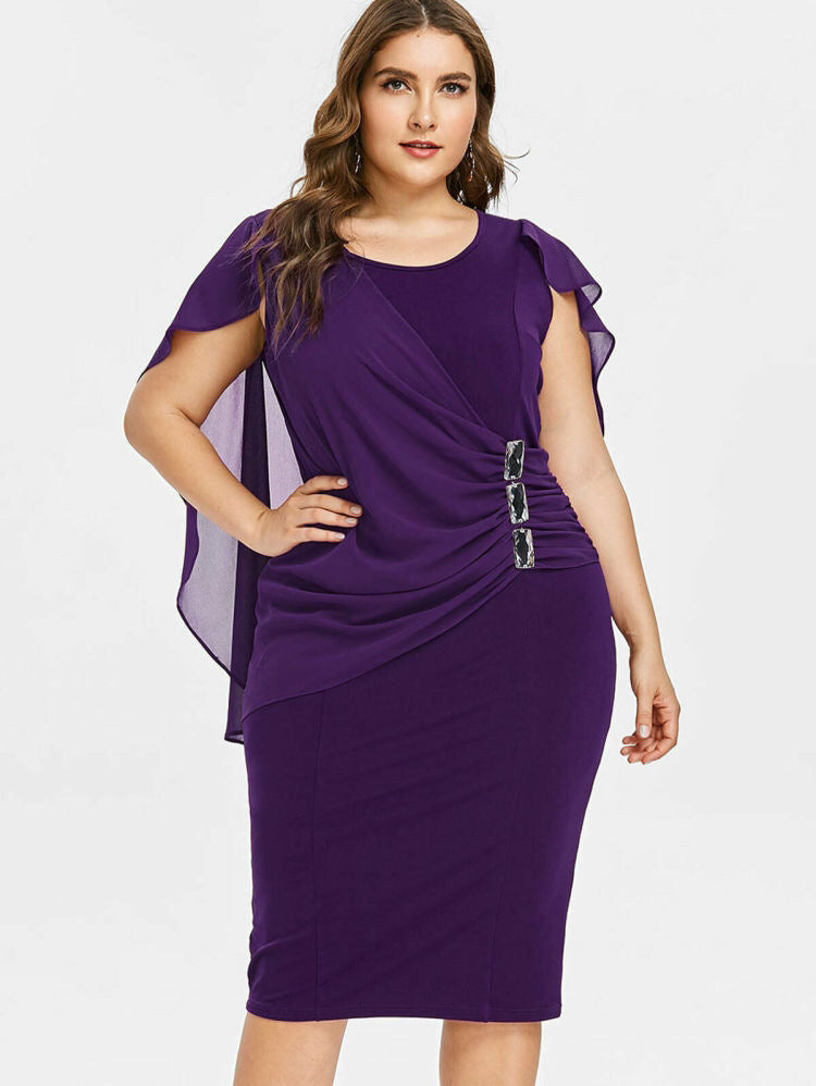 Round Neck Short Sleeve Chiffon Shawl Tight-Fitting Plus Size Dress Women