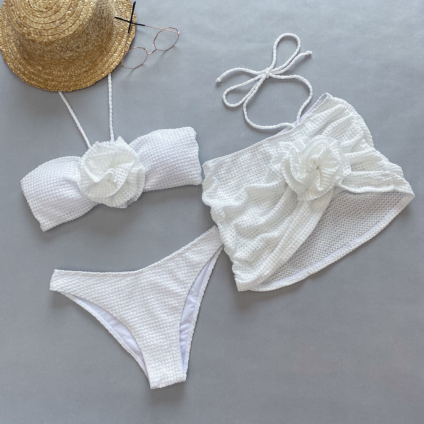 3D Flower Split Damen Badeanzug Dreiteiliger Bikini