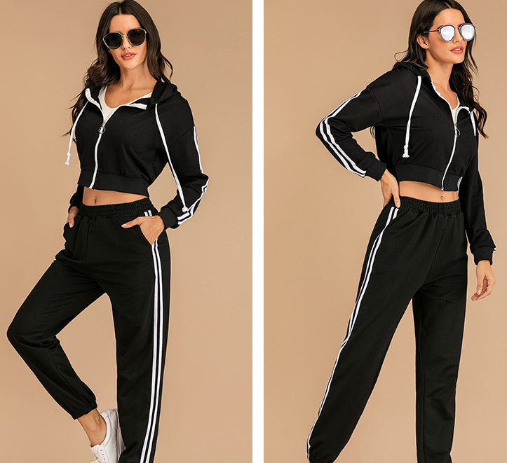 Schwarzer kurzer Pullover, lässiger Sportanzug, zweiteiliges Set für Damen