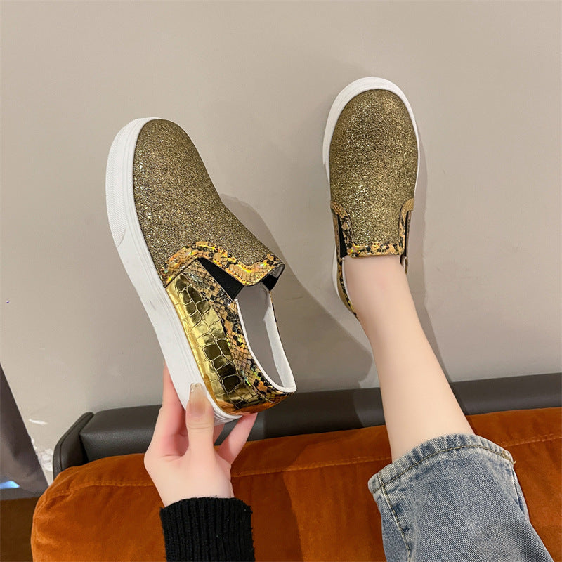 Scarpe da donna con punta tonda e paillettes, modello serpente e fondo piatto