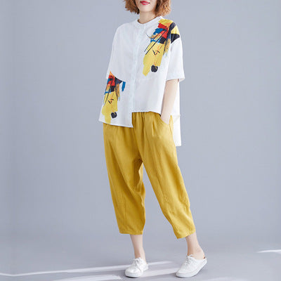 Camicia in chiffon di lino e cotone di grandi dimensioni alla moda, pantaloni a gamba larga in lino casual, completo da donna