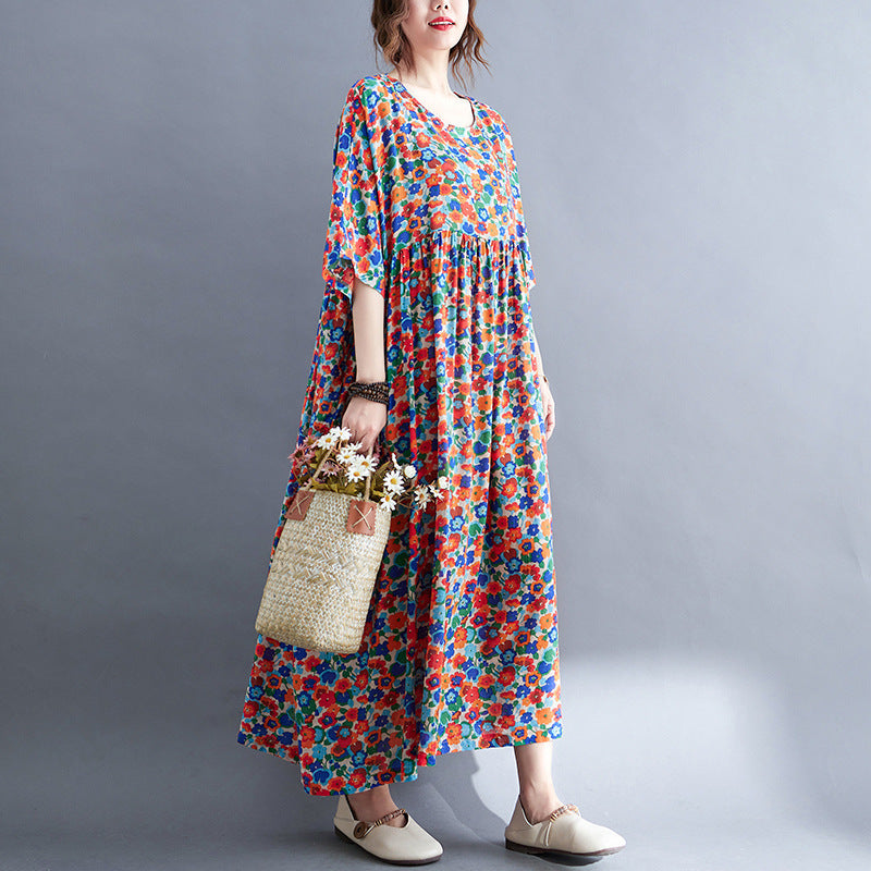 Atmungsaktives Kurzarm-Pulloverkleid mit künstlerischem Retro-Druck und großem Swing-Kleid für Damen