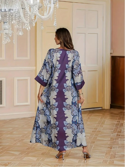 Elegantes langärmliges Abaya-Kleid mit Blumendruck
