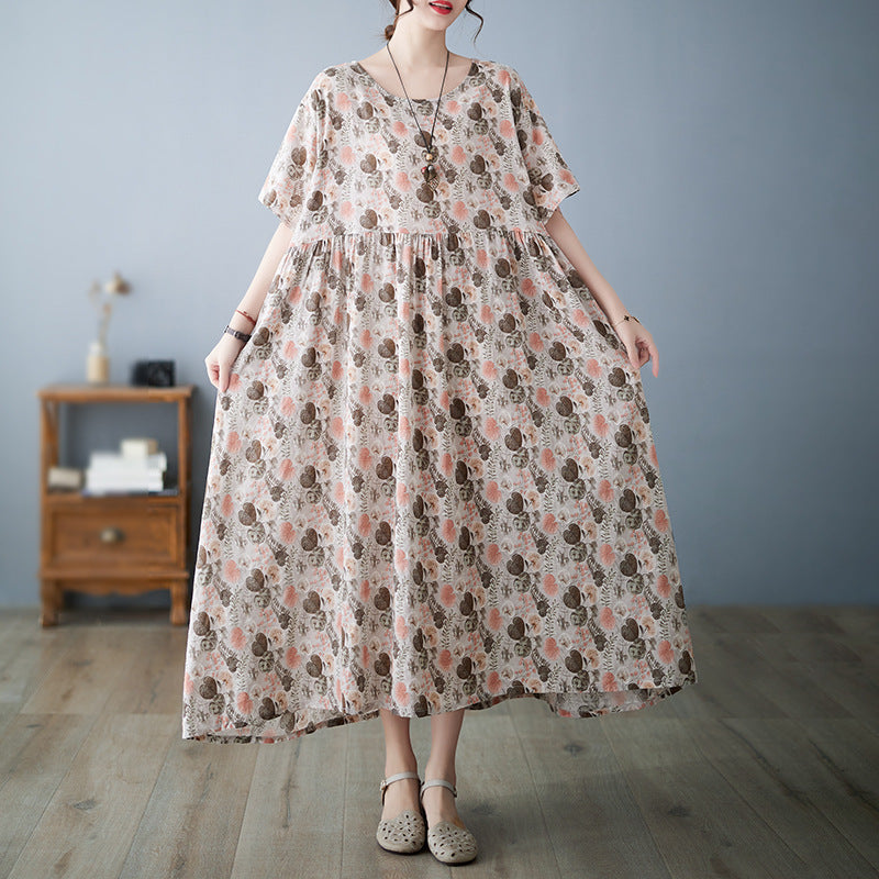 Literatur und Kunst Baumwolle und Hanf Druck Fat MM Lose Rundhals Kurzarm Kleid für Frauen