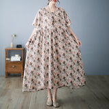 Literatur und Kunst Baumwolle und Hanf Druck Fat MM Lose Rundhals Kurzarm Kleid für Frauen
