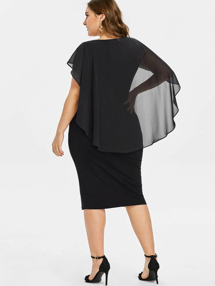 Round Neck Short Sleeve Chiffon Shawl Tight-Fitting Plus Size Dress Women
