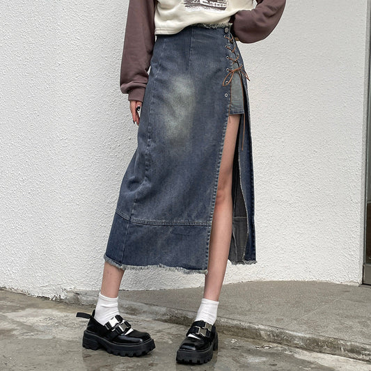 Gonna in denim con cintura alla moda da strada da donna