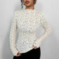 Maglietta aderente in pizzo con collo alto e orecchie in legno da donna